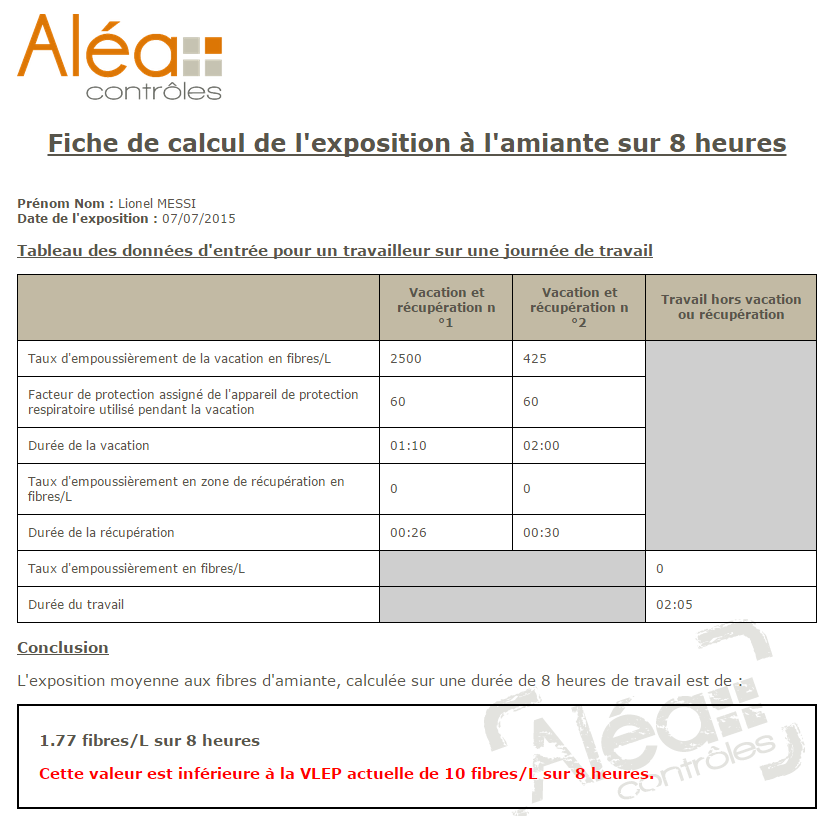 Logiciel Aléa Contrôles calcul exposition VLEP Amiante